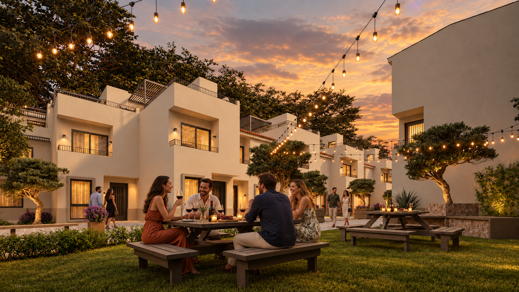 Patio central de Nogalia al atardecer con villas, jardín y mesas de picnic iluminadas