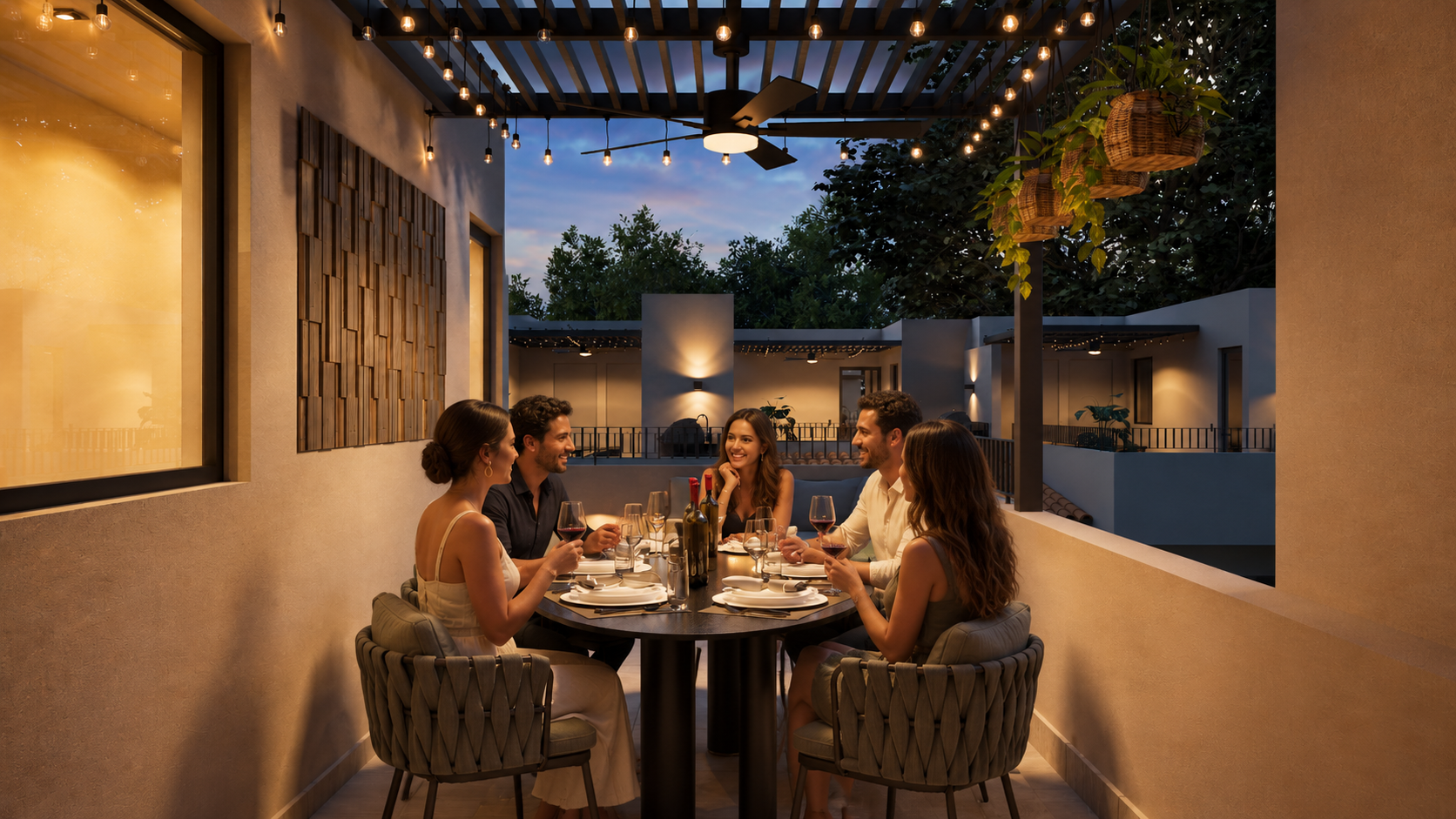 Terraza con asadores y zona de comedor en Nogalia
