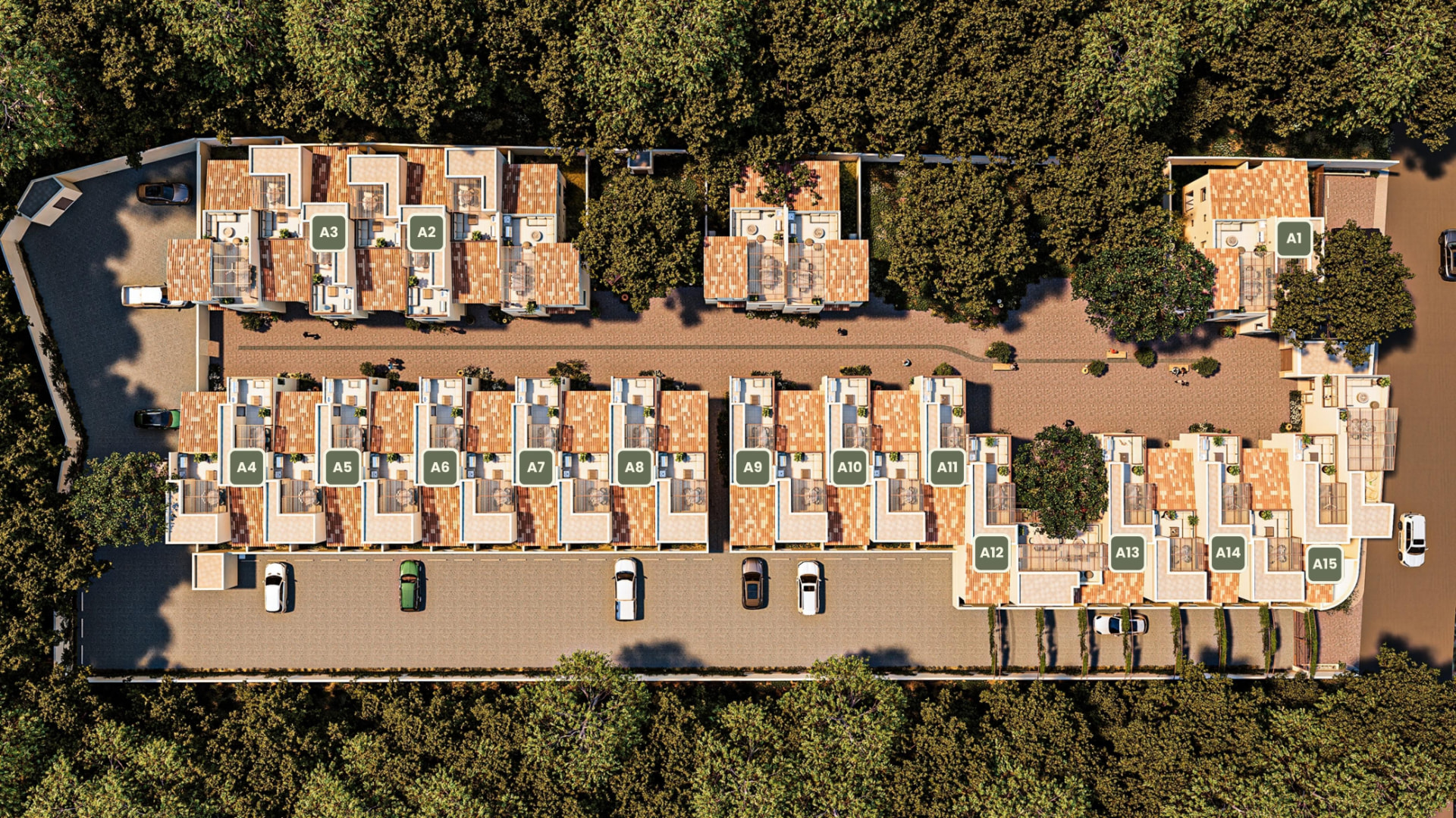 Vista aérea de Nogalia con la ubicación de las villas Sabino (A1 a A15)