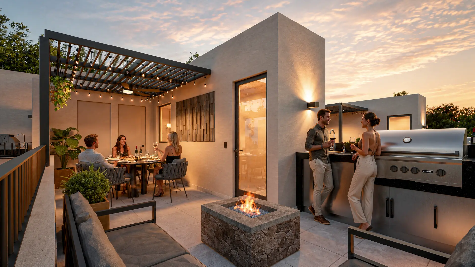 Terraza de Nogalia con asador al atardecer