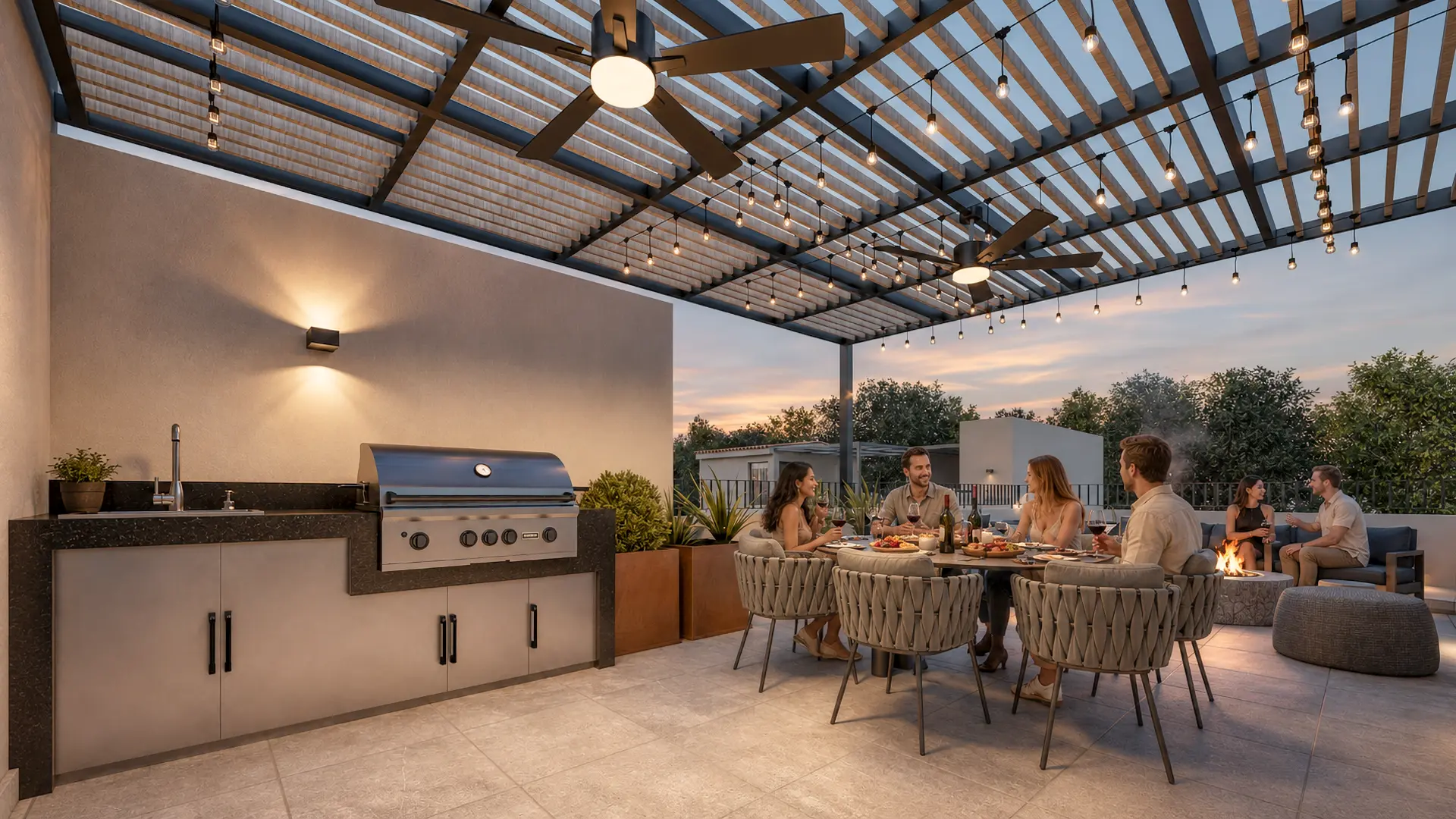 Terraza de Nogalia con asador y personas cenando bajo una pérgola al atardecer